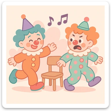 two clowns playing musical chairs, soft colors, cute and whimsical pastel toon style sticker