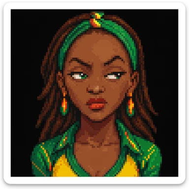 Make the Jamaican woman's side eye expression sassier. The original style is pixel art style, but since pixel art style does not support editing, please keep the look consistent while enhancing the sassiness of the expression. sticker