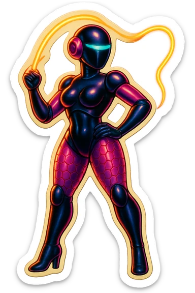 Add a glowing laser whip in the hand of a slim, powerful black female robot in retro sticker style, keeping the pose confident and the background transparent. sticker