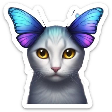Dark iridescent butterfly glowing on top of cats head  sticker