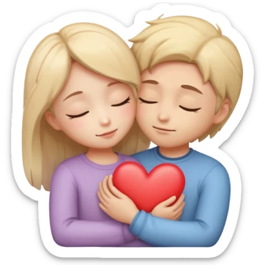 “Two chibi-style lovers hugging gently, eyes closed, small glowing heart between them, soft pastel, romantic emoji, transparent background.” sticker