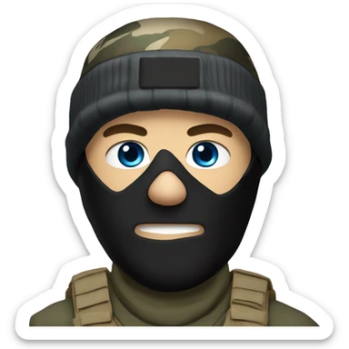 White male, call of duty black mask, camo tactical gear, tan combat boots, black beanie, blue eyes sticker
