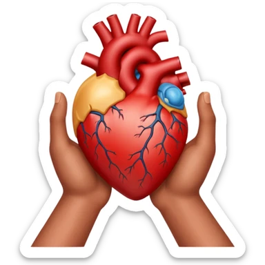 Two hands facing right, cupping a realistic heart sticker