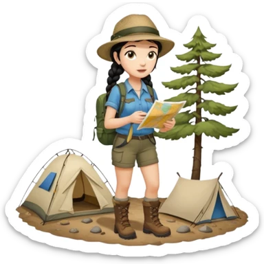 A braid black hair backpacking woman checking her map with curious eyes while walking wear camping hat and dirt covered boots full body sticker