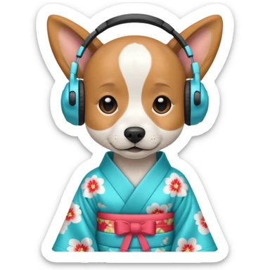 dog, kimono dress with headphone, cyan sticker