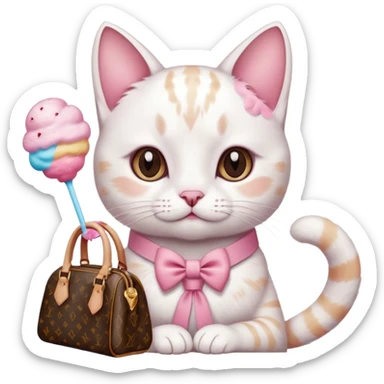 White cat with brown spots with pink ribbon holding a Louis Vuitton purse drinking cotton drink sticker