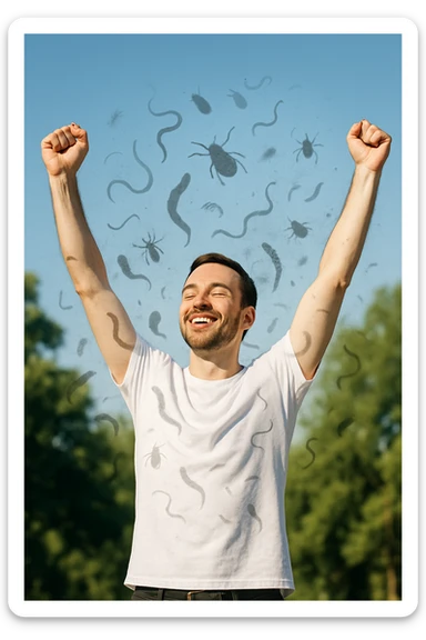 a man stands outdoors in bright sunlight, arms raised in relief and joy, while faint, shadowy silhouettes of parasites fall away from his body and dissolve into the air. His posture is upright and energetic, his expression serene and healthy. The background features green trees and a clear sky, emphasizing liberation and restored well-being. sticker