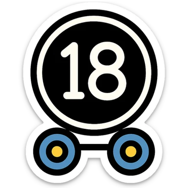 black circular badge with white 18 in the middle, cartoonish semi truck wheels at the base, color outline style sticker