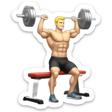white man on musculation bench with portable computer used as dumbbels doing bench press, computers should be used in place of the weights on the bar sticker