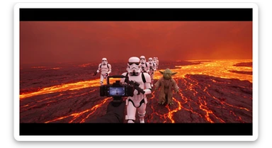 Shot on vlog camera, Starwars stormtroopers is walking on lava planet with yoda sticker