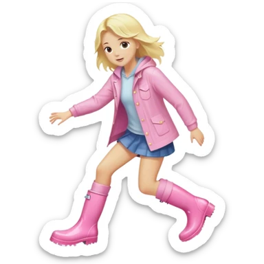 Blonde girl in light pink rain boots splashing in a public sticker
