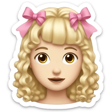 Blonde, pale girl with bangs and curly, long hair with pink bows  sticker