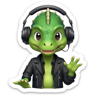Dinosaurio verde muy tierno músico DJ con ropa negra futurista verexxo  sticker