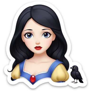 Cinematic Serene Snow White Portrait Emoji, rendered in a simplified vector style. Depict a gentle Snow White (chest and above) with flawless porcelain skin and flowing raven hair, her kind eyes and calm expression exuding a quiet, enchanting charm. The image glows softly with an inviting, pure light and is outlined with a subtle glow. sticker