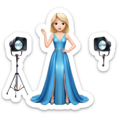 Девушка одета в дорогое платье , стоит на сцене. Рядом свет софитов, много камер, ее фотографируют  sticker