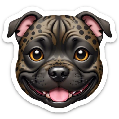 Cinematic Comical Black/Brindle Staffordshire Bull Terrier Portrait Emoji, Head tilted dramatically with an exaggeratedly amused expression, featuring a striking Fur with bold black and brindle patterns, wide, expressive dark eyes filled with playful disbelief, Simplified yet hilariously expressive features, highly detailed, glowing with a slightly sassy glow, high shine, dramatic yet playful, stylized with an air of cheeky mischief, bright and endearing, soft glowing outline, capturing the essence of a spirited and over-the-top guardian, so meme-worthy it feels like it could side-eye its way into internet fame instantly! sticker