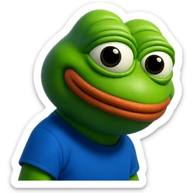 pepe in
- 3d style
- bright green
- blue shirt
- smiling
- looking straight at the camera
- good highlights and shadows
- 30deg angled towards the right sticker