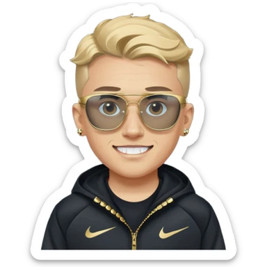 un emoji de un chico emcapuchado blanco, dientes de oro, com uma chaqueta negra nike tech y unas gafas de oakley, con pendientes de diamante, que las gafas sean estilo cuadradas, los pendientes q no se cuelguen, que sean redondos, en las dos cejas un corte, que las gafas no sean circulares sticker