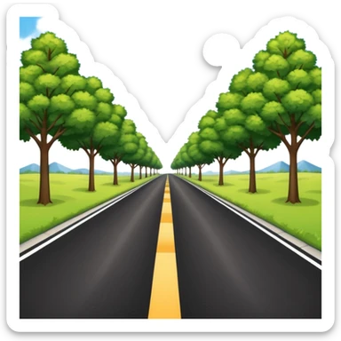 A long horizontal road (without lines) with trees and bushes on the sides and behind sticker