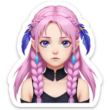 Gorgeous anime lady long-pale-pastel-pink-hair with one braid on each side, grumpy expression, purple-pink feather-ear-cuffs in hair, black bodysuit, blue eyes, pink iris, ethereal, fashion aesthetic  sticker