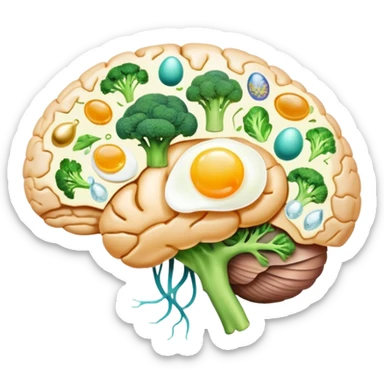 Glowing brain and liver connected by a pearlescent capsule, surrounded by choline-rich foods: eggs, liver, fish, and broccoli. Golden waves showing neural connections flow from the brain, with all elements having an ethereal glow representing cognitive benefits. sticker