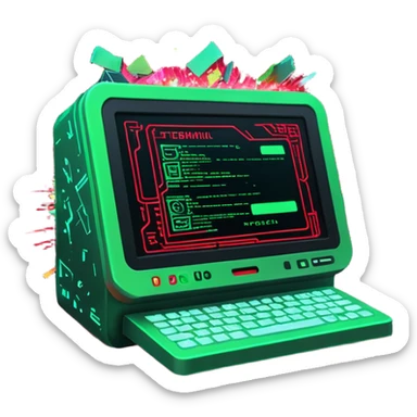 A sleek digital terminal with a holographic interface showing files being uploaded, data packets represented as trash icons, the screen glitching and exploding with red error symbols, tech dystopia vibes, neon greens and reds, circuit patterns in background --v 5 --ar 3:2 --style sci-fi --chaos 30 sticker