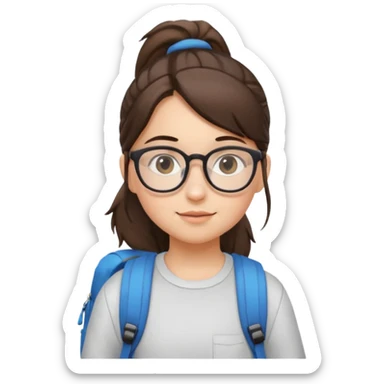 student brunet kid girl, ponytail wearing glasses with backpack sticker