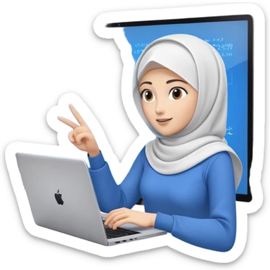 computer engineer with white hijab wearing blue outfit, pointing and gesturing at specific code elements and features on the large digital screen behind her, laptop in front of her, explaining particular parts of her metaverse creation in detail sticker