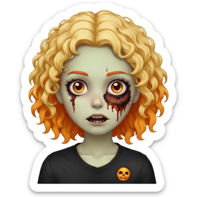 Faça uma garota zumbi de cabelo cacheado preto e uma mecha descolorida meio alaranjada do lado esquerdo sticker