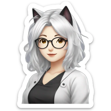 anime style white hair catgirl, black glasses, winking, sticker