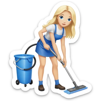 Cinematic realistic blonde with long hair, blue eyes cleans floors sticker
