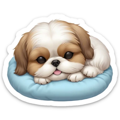 Meme-Worthy Cute Sleeping Shih Tzu Portrait Emoji, Head resting peacefully with a tender, contented smile and eyes delicately closed in serene slumber, showcasing a luxuriously fluffy fur in soft pastel tones, simplified yet irresistibly adorable, highly detailed, glowing with a warm, drowsy radiance, high shine, exuding calm, cozy charm, styled with a gentle, soft glowing outline, capturing the essence of a sleeping Shih Tzu that radiates utterly adorable, sleepy bliss! sticker