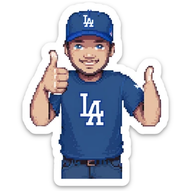 man in a Dodgers cap giving a thumbs up sticker