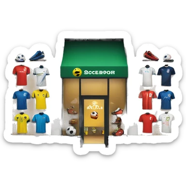 “Soccer store exterior with bold signage, large windows showcasing football gear, jerseys, and accessories, and a dynamic, athletic design reflecting the energy of the sport.” sticker