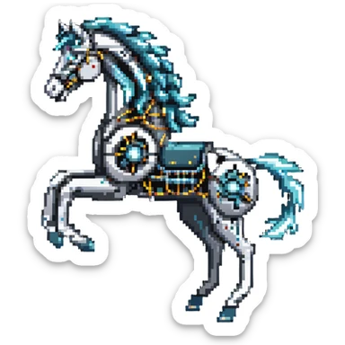 Galloping electric horse made of metal parts with lightning and electricity flowing through its body, dynamic pose sticker