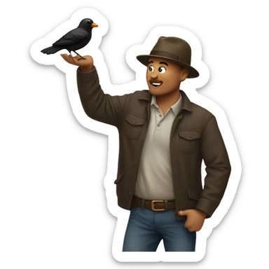 A man trying to shoo away a bird while holding a hat in his hand. sticker