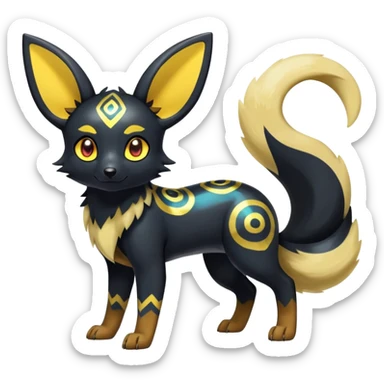 Shiny Exotic Colorful Excessive Mysterious Umbreon-Poochyena-Pokémon-Fakémon-hybrid-creature (full body) with pattern-markings with golden eyes sticker