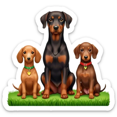 Close-up of a Doberman Pinscher, a Dachshund and a Poodle sitting together on lush green grass. The background features a beautiful, serene nature view with rolling hills and bright blue skies. The dogs' sleek coats shine under the sun. Transparent background. sticker
