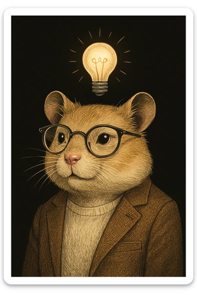contemporary, mature-looking hamster, inspired expression, fashionable glasses, and a lightbulb symbolizing an idea, sophisticated illustration style, solid black background sticker