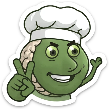 cartoon brain wearing a chef hat, doing the Italian hand sign, over-the-top silly expression, meme style sticker