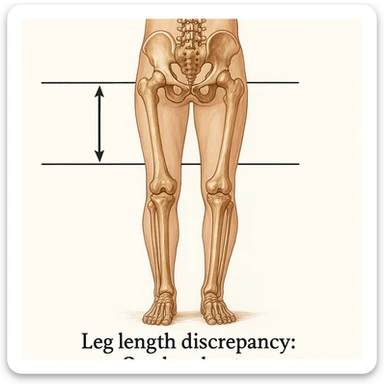 Medical style hyperrealistic posterior view highlighting very clearly the difference in leg length: one leg visibly shorter than the other. Add arrows, reference lines, and an anatomical caption to make the concept immediately understandable. No background. Variation 3. sticker