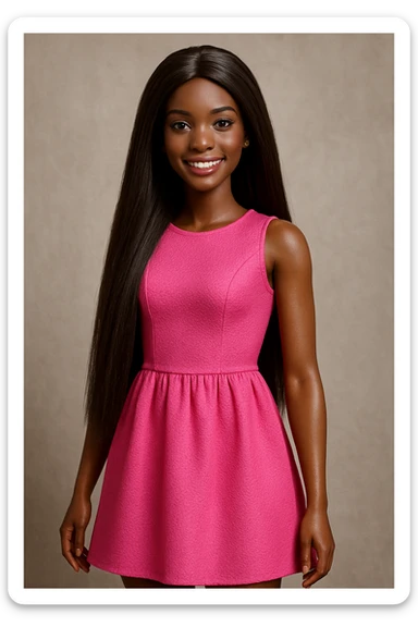 Barbie doll with dark skin and long straight hair, pink dress, smiling, standing pose sticker