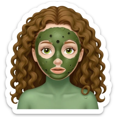 pale white girl with long brown curly hair green spa mud mask sticker