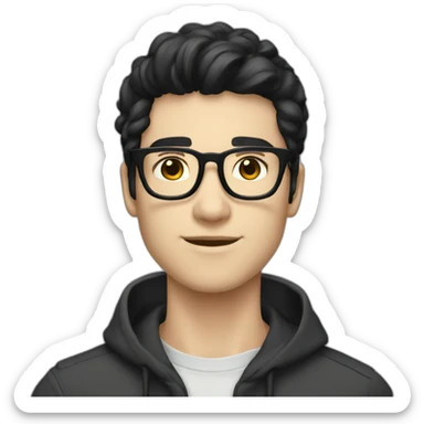 23 year old man white skin, glasses black hair, coding sticker