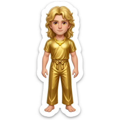 Apollo from Greek Mythology with amber eyes, long blonde hair, gold metallic shirt, gold metallic baggy pants, yellow necklace sticker