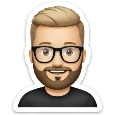 Light-skinned man with full beard, short hair brushed upward, big black glasses frames, happy smile, black sports shirt sticker