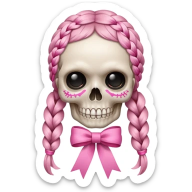 skull emoji with pink ribbon pookie and two braids sticker
