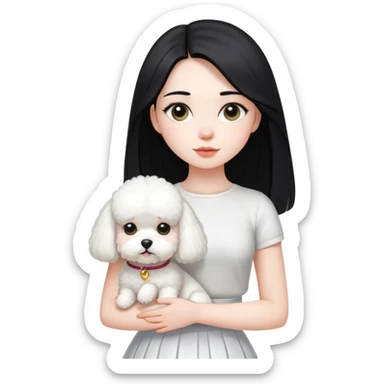 A beautiful girl with long straight black hair wearing a white skirt holding a small white Bichon Frise sticker
