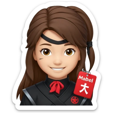 i need girl ninja smile with long brown hair with black costume with name mabel sticker