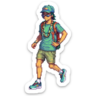 Create a pixel art style image of a funkeiro man wearing a cap, juliete glasses, a gold chain, shorts, and running shoes. The style should be vibrant and fun, inspired by the reference image provided. Background should be transparent. sticker
